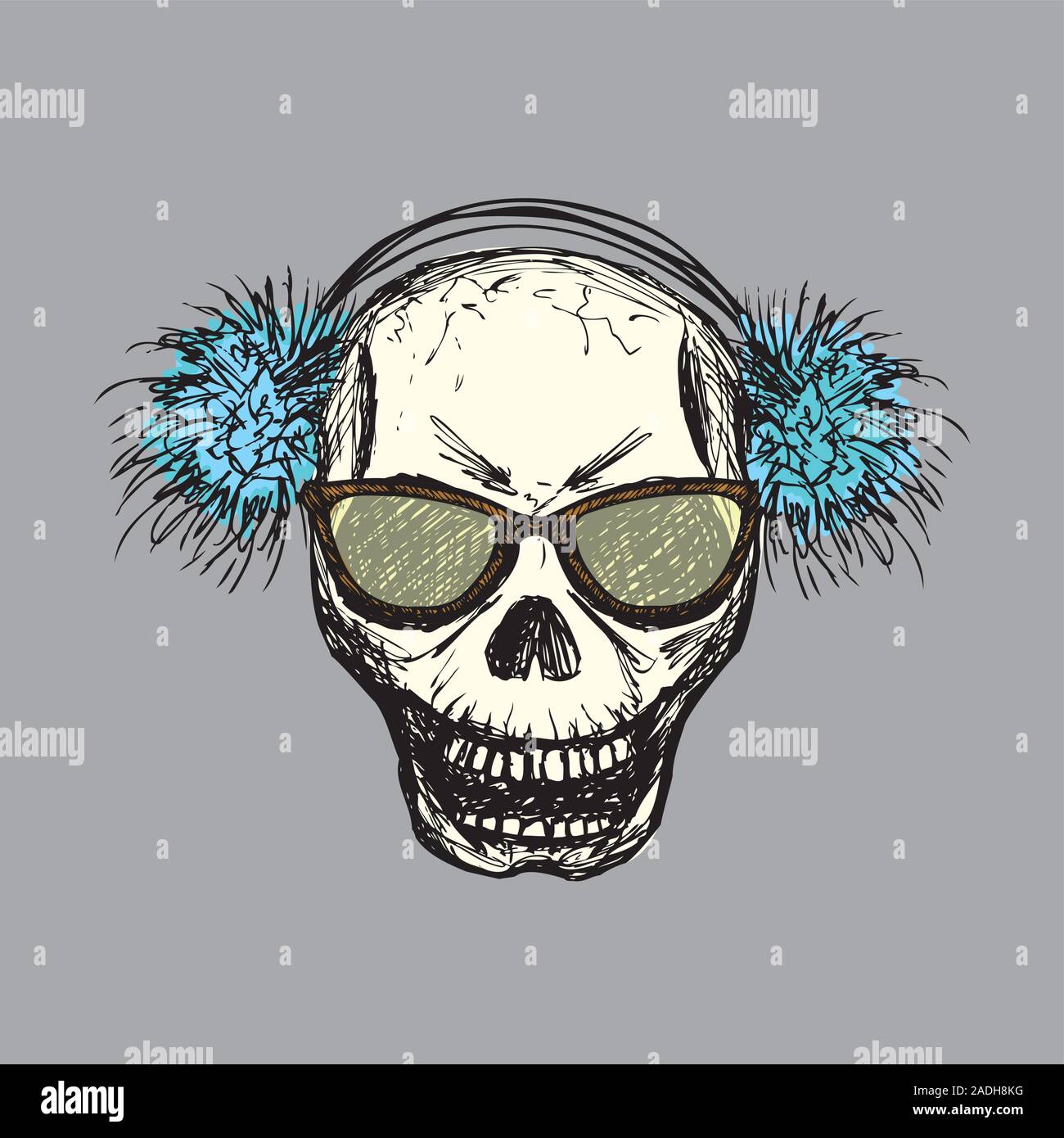 Scary skull with glasses and Winter Plush Furry Ear Muffs,hand drawn