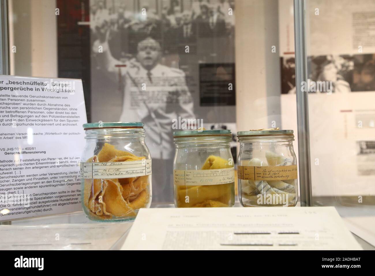 Erfurt, Germany. 04th Dec, 2019. Glasses containing odor samples from suspects are on display in the exhibition on the Petersberg in the branch office of the Stasi Federal Commissioner. Today, 30 years ago, civil rights activists occupied the former district administration of the State Security in Erfurt. Credit: Bodo Schackow/dpa-Zentralbild/dpa/Alamy Live News Stock Photo