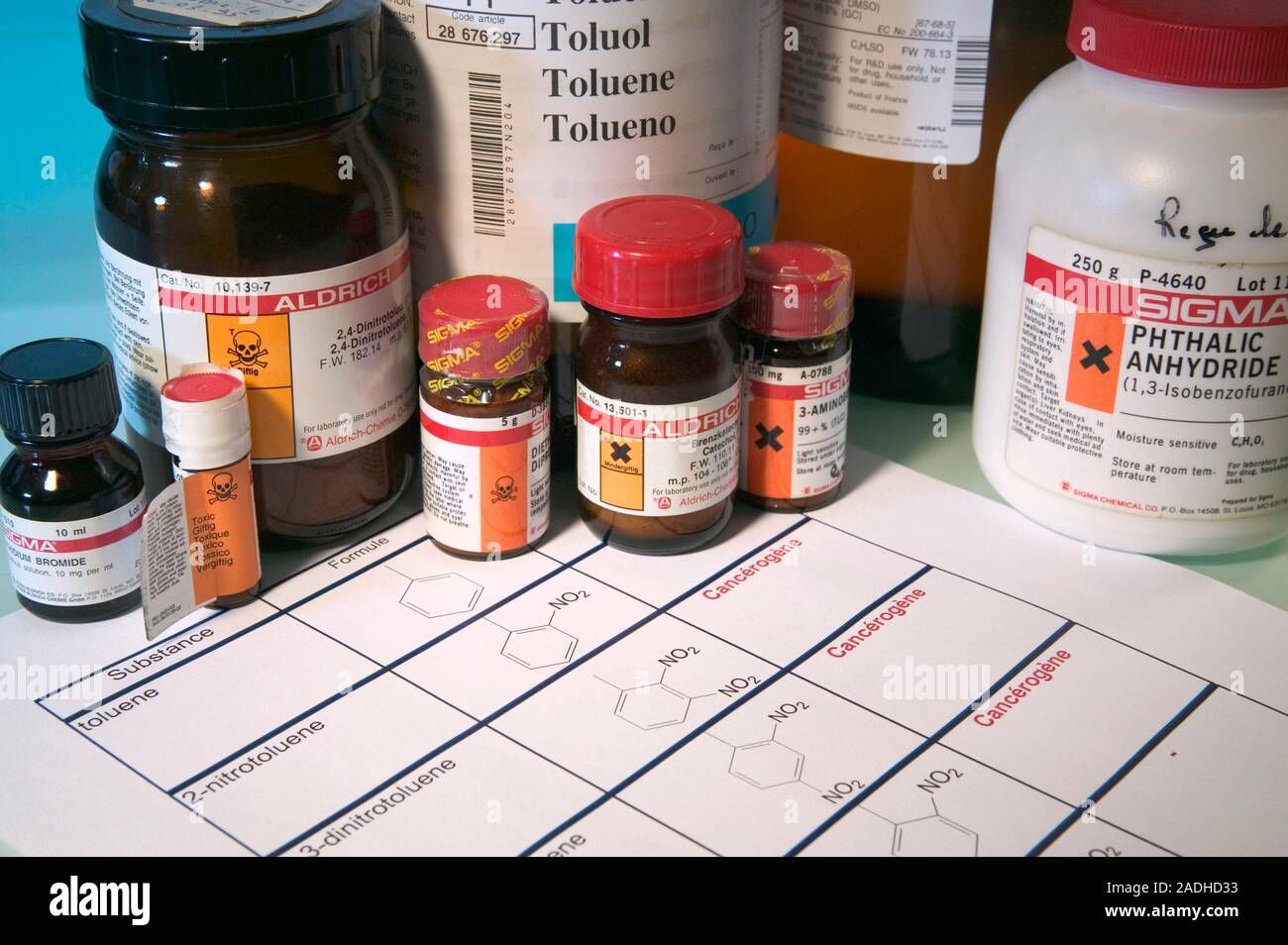 Cancercausing chemicals. Bottles of chemicals that can cause cancer