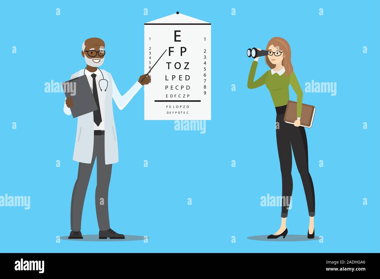 Male Doctor oculist checks vision, the patient with glasses looks through binoculars,cartoon vector illustration Stock Vector