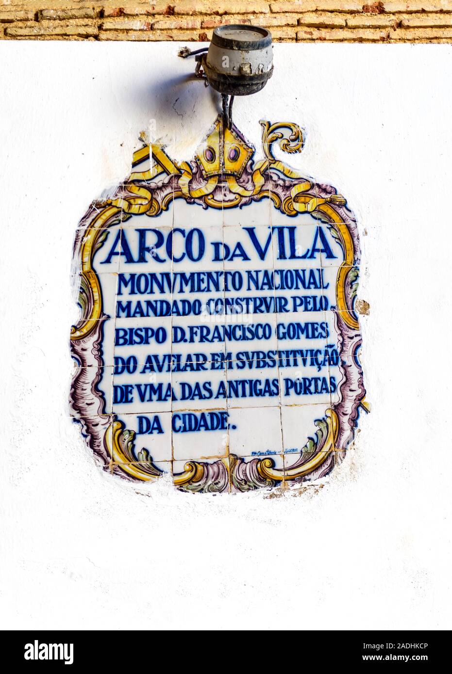 Tiled name plaque of the Faro Arco da Vila tourist attraction, Faro, East Algarve, Portugal. Stock Photo