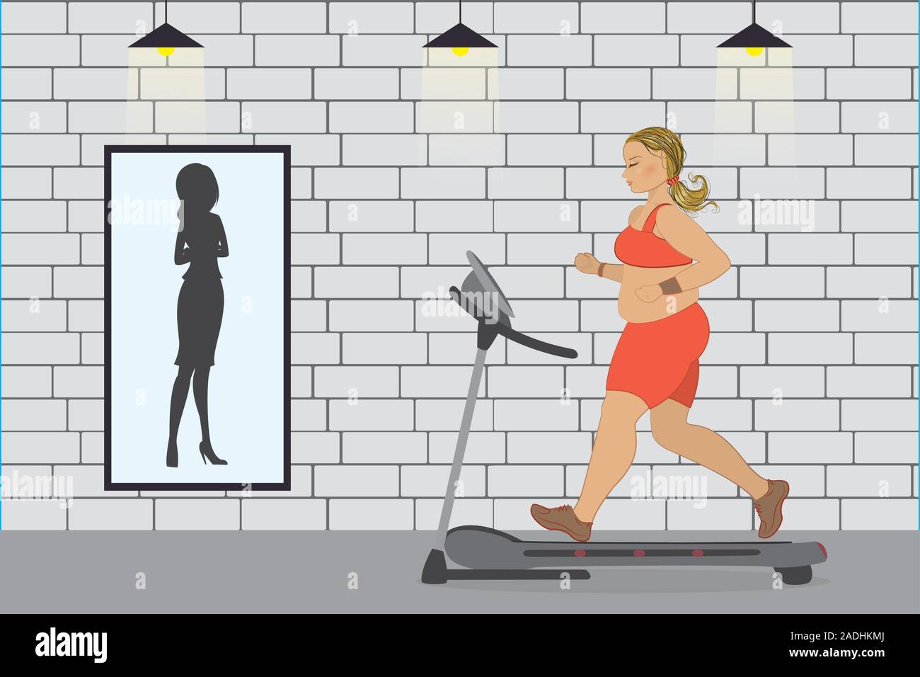 fat girl on a treadmill and silhouette of a thin woman in a mirror,fitness club,cartoon vector illustration Stock Vector