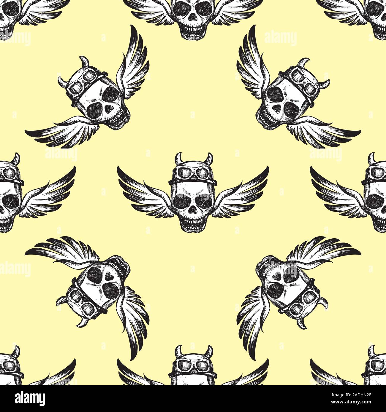 scary skull with wings Seamless pattern,hand drawn vector illustration Stock Vector