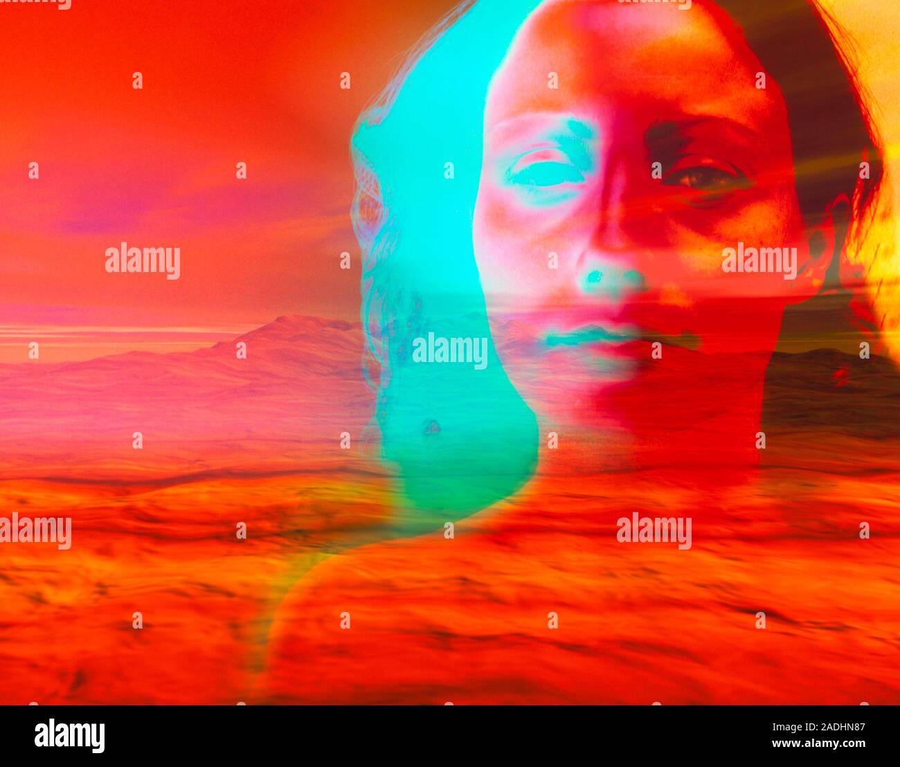 Depression. Computer artwork of a depressed woman seen with a barren ...