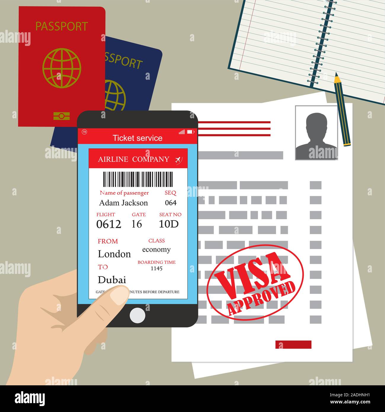 visa approved blank or work permit, passport and smartphone with boarding pass ticket. Flat design, vector illustration. Stock Vector