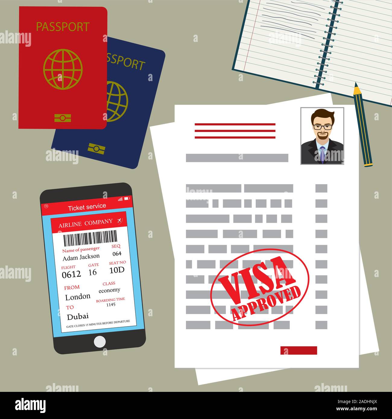 visa approved blank or work permit, passport and smartphone with boarding pass ticket. Flat design, vector illustration. Stock Vector