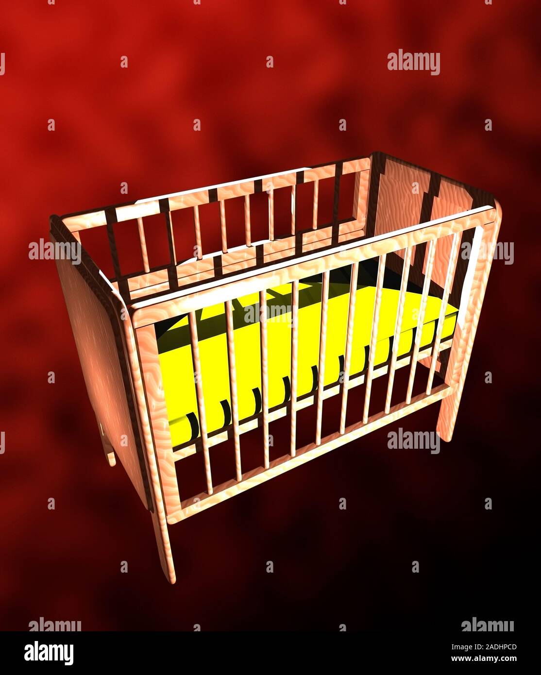 Cot death. Conceptual computer artwork of an empty baby's cot. This could represent cot death or