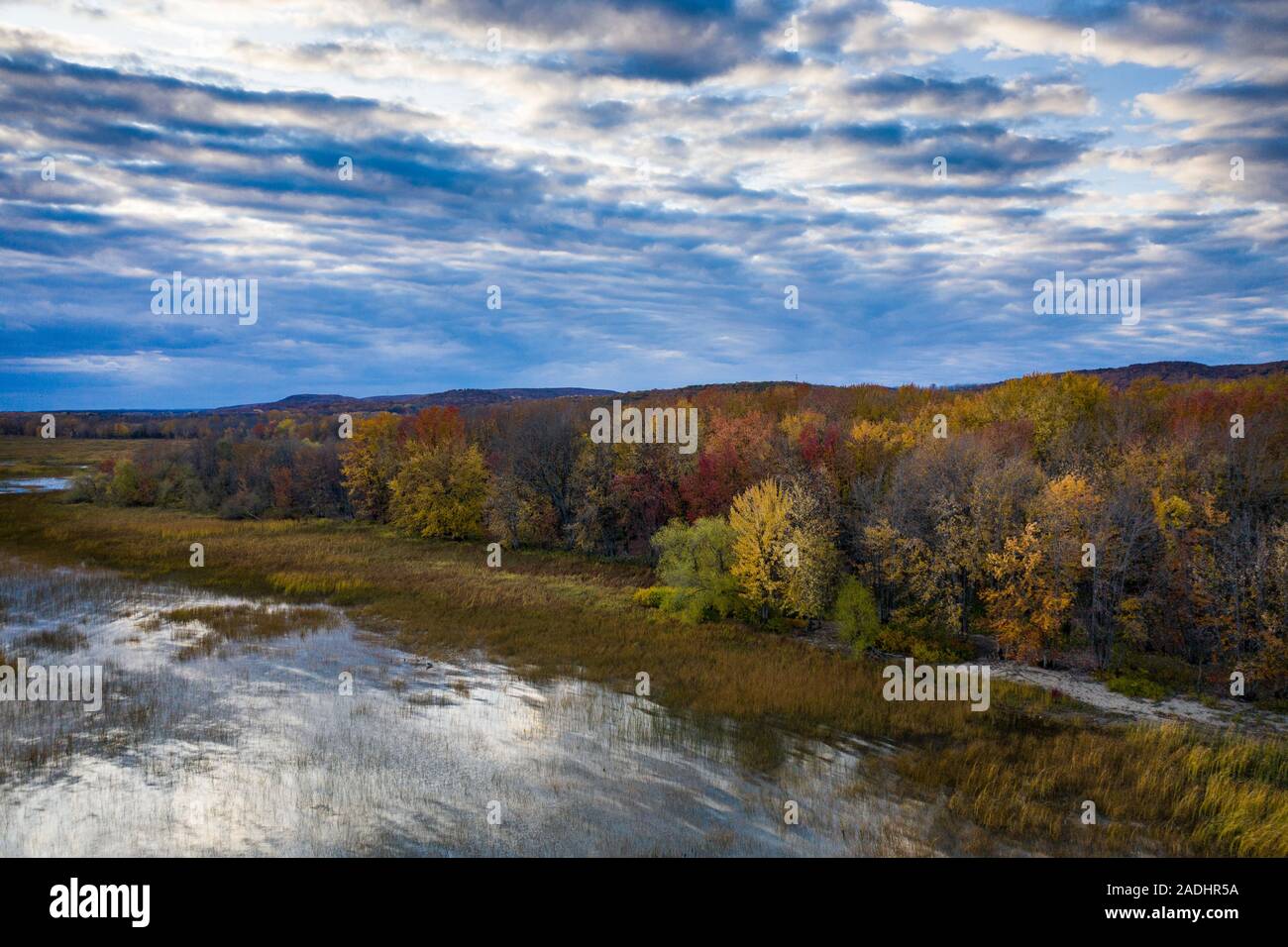 Beautiful aerial view of autumn colors sunset Stock Photo