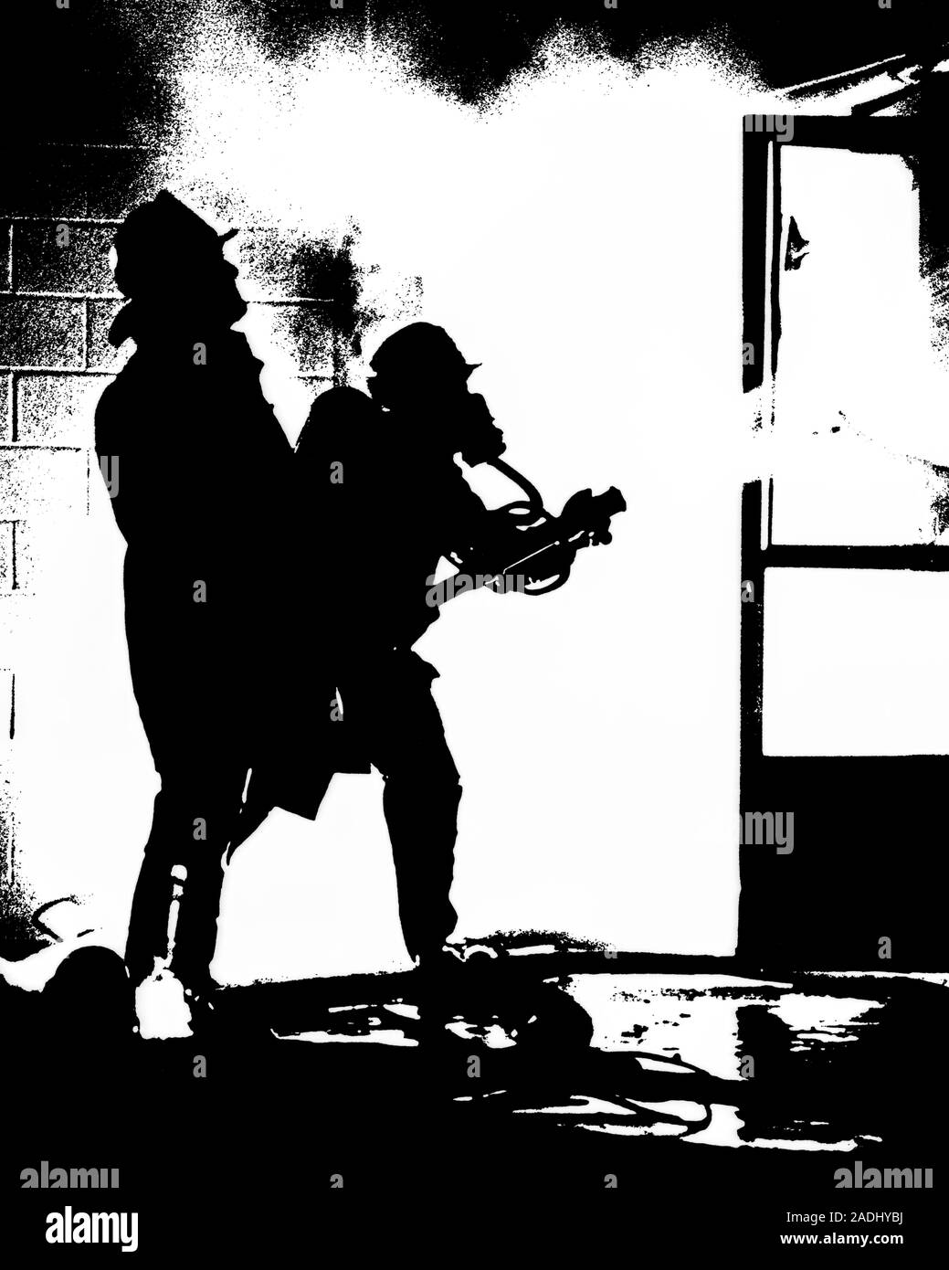 1970s PAIR OF ANONYMOUS SILHOUETTED FIREFIGHTERS POINTING FIRE HOSE THROUGH OPEN DOOR OF BURNING BUILDING SPRAYING WATER - f13322 HAR001 HARS FULL-LENGTH PHYSICAL FITNESS BURN PERSONS INSPIRATION DANGER MALES RISK DOORWAYS B&W FIREMAN DISASTER STRUCTURE ADVENTURE PROTECTION SILHOUETTED SMOKEY COURAGE CONFLAGRATION SPRAYING EXCITEMENT FLAMES INFERNO OF OCCUPATIONS BLAZE COMBUSTION CONNECTION FIREMEN CONCEPTUAL SUPPORT ANONYMOUS FIRE HOSE SYMBOLIC BURNING DOWN COOPERATION FIREFIGHTERS FIRES MID-ADULT MID-ADULT MAN SUPER HEATED TOGETHERNESS YOUNG ADULT MAN BLACK AND WHITE FIRE DEPARTMENT HAR001 Stock Photo
