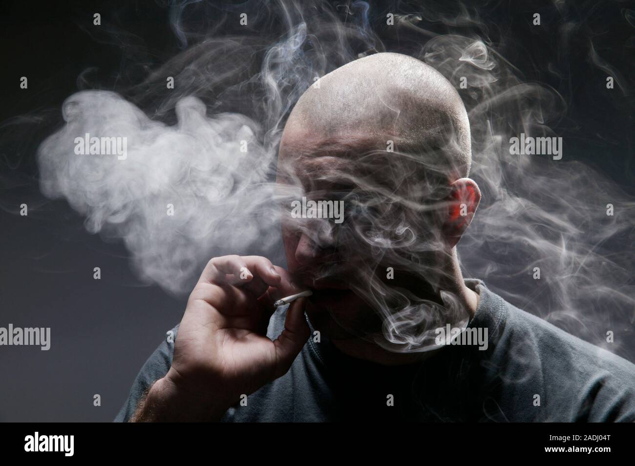 are cigarettes stimulants Smoking. Clouds of smoke surrounding the head of a man as he smokes a  cigarette. The tobacco in cigarettes contains the addictive stimulant drug  nicot Stock Photo