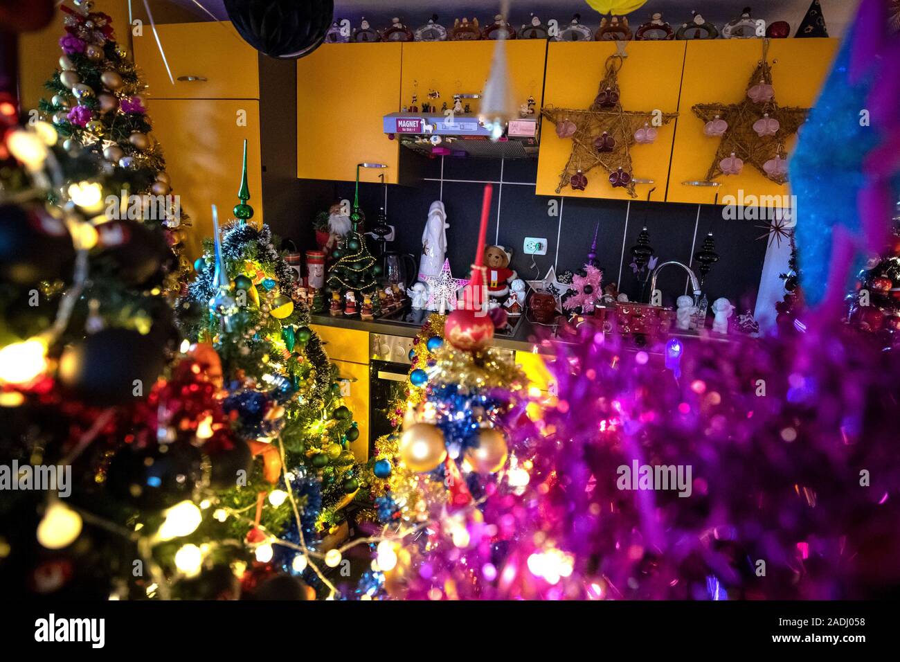Rinteln, Germany. 04th Dec, 2019. There are dozens of Christmas trees in the Jeromin family kitchen. There are many Christmas houses in Germany that are illuminated from the outside. Thomas Jeromin, on the other hand, has created a Christmas wonderland in his living rooms. His collection of self-decorated plastic trees is even recognized as a world record. Credit: Sina Schuldt/dpa/Alamy Live News Stock Photo
