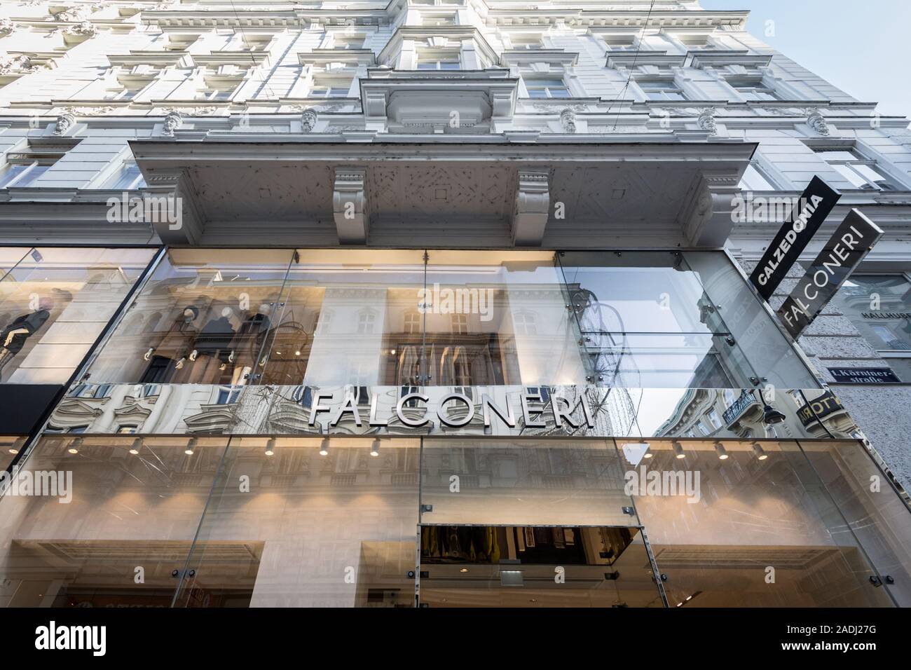 VIENNA, AUSTRIA - NOVEMBER 6, 2019: Falconerie logo in front of their boutique for Vienna. Part of Calezdonia group, Falconeri is an italian fashion d Stock Photo