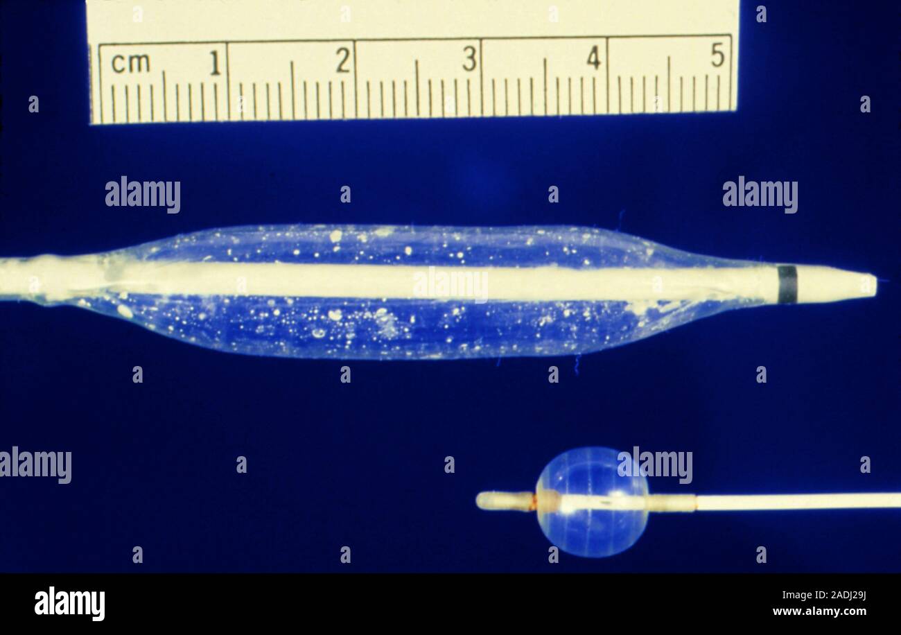 Equipment used in balloon angioplasty, a technique used to unblock & widen arteries that have become obstructed by formation of fatty plaques, clots & Stock Photo