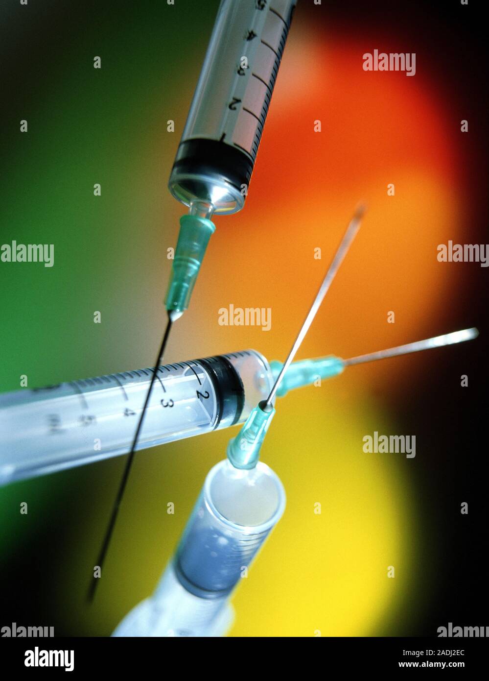 Syringes. Collection of hypodermic syringes with needles attached. Each