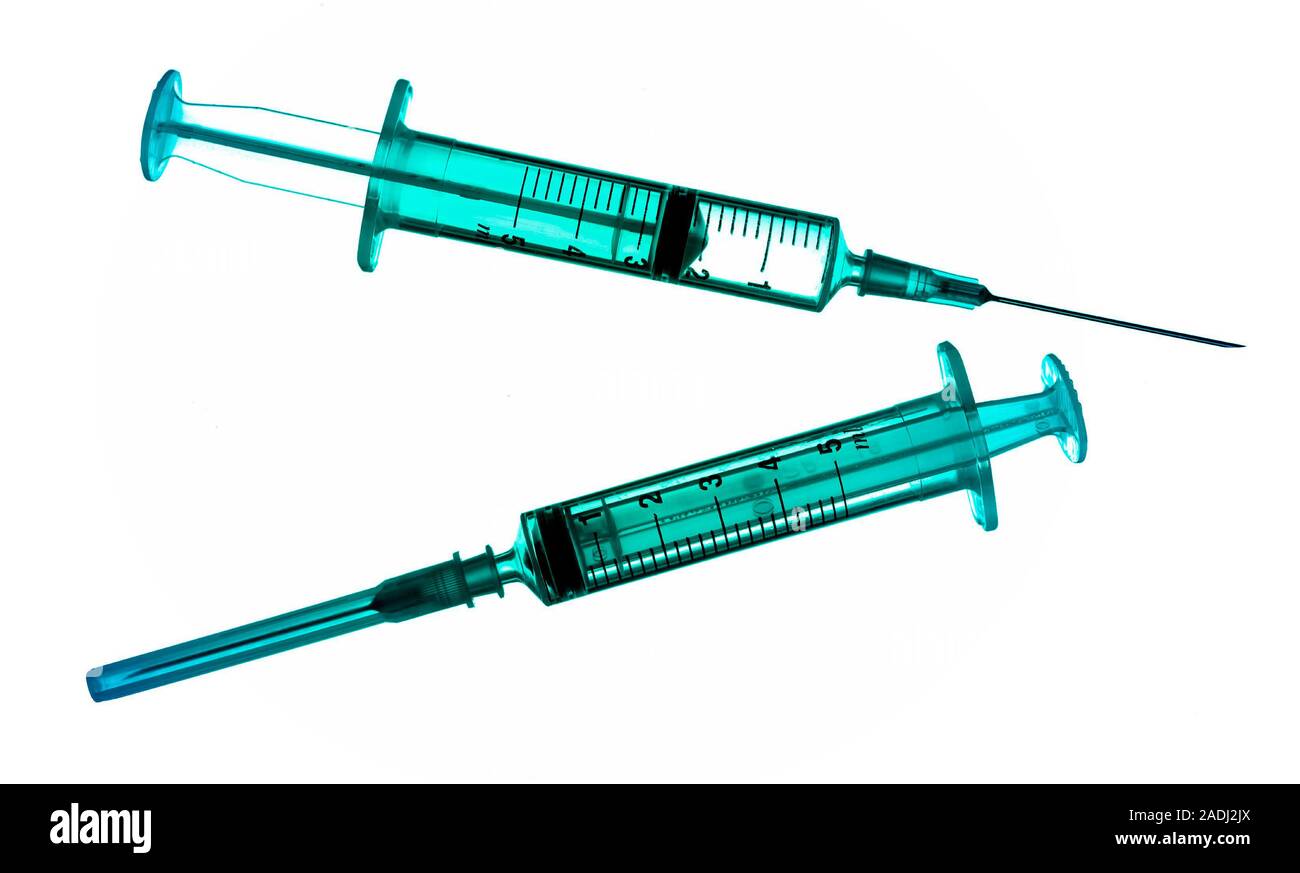 Syringes. Two 5millilitrecapacity hypodermic syringes, each fitted