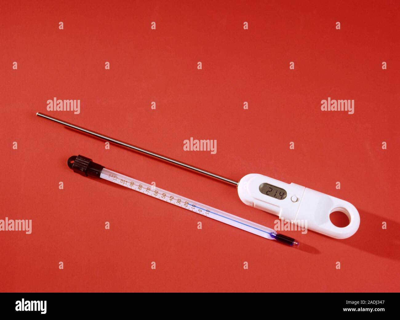 Thermometers. Digital (top) and liquid thermometers. Digital thermometers most commonly use
