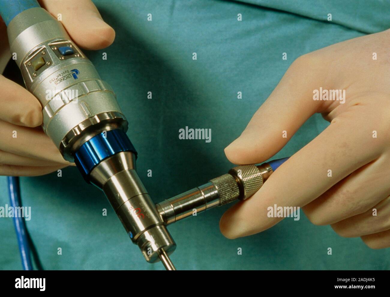 Handhelld Instrument Arthroscope Arthroscope. View of an arthroscope held in a surgeons hands. The ...