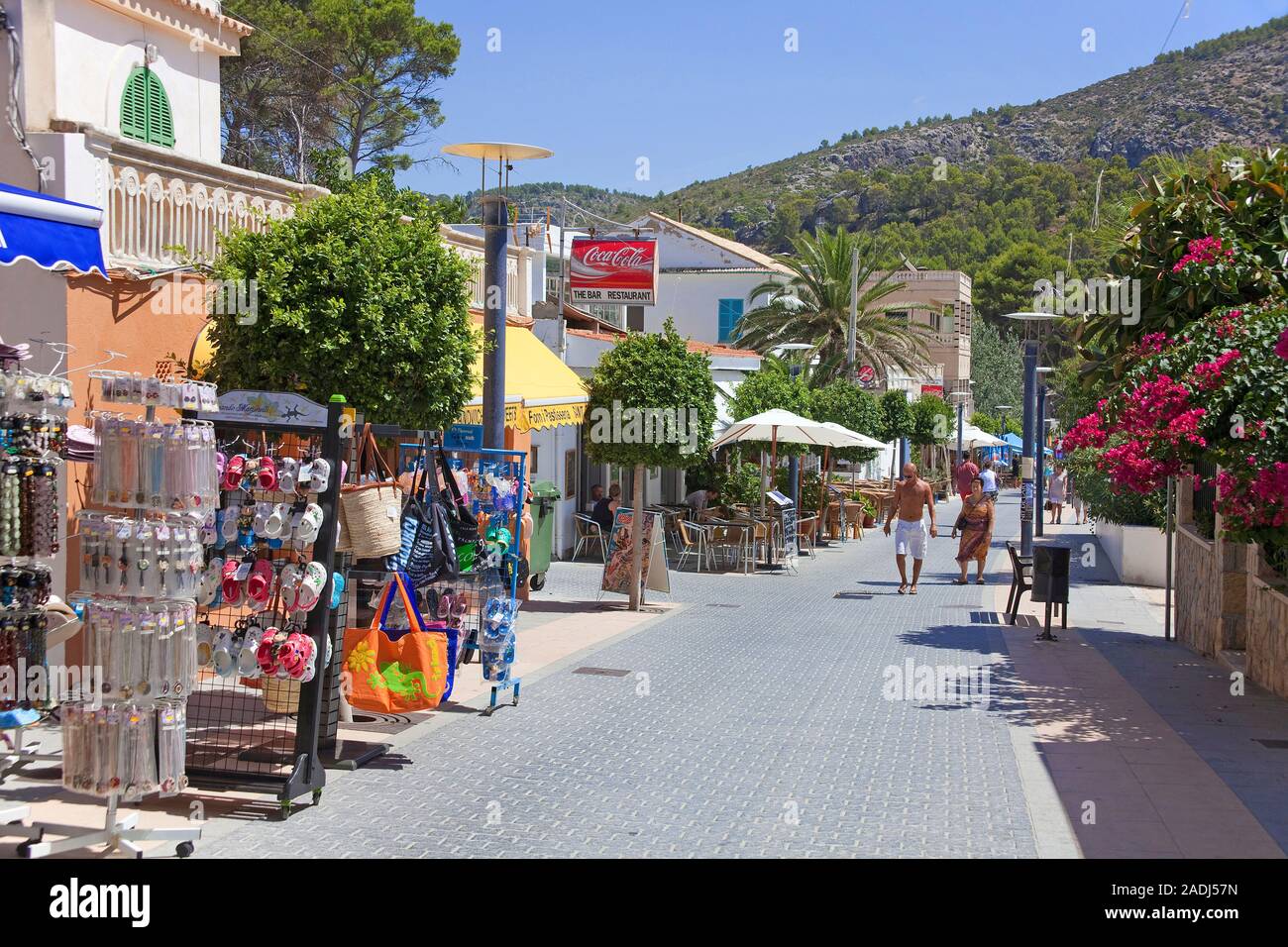 Souvenir shops at pedestrian area of Sant Elm, San Telmo, Mallorca, Balearic islands, Spain Stock Photo