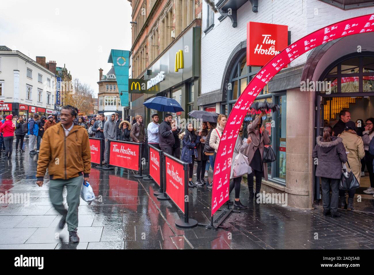 Large queue at the opening of the new Tim Horton shop in Leicester. Stock Photo