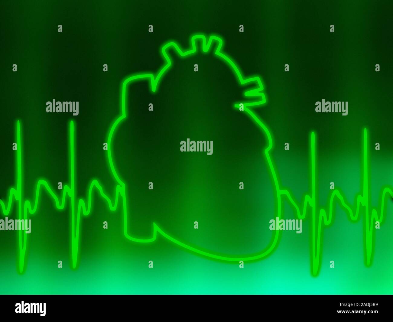 ECG and heart. Computer artwork of an electrocardiogram (ECG) showing a ...