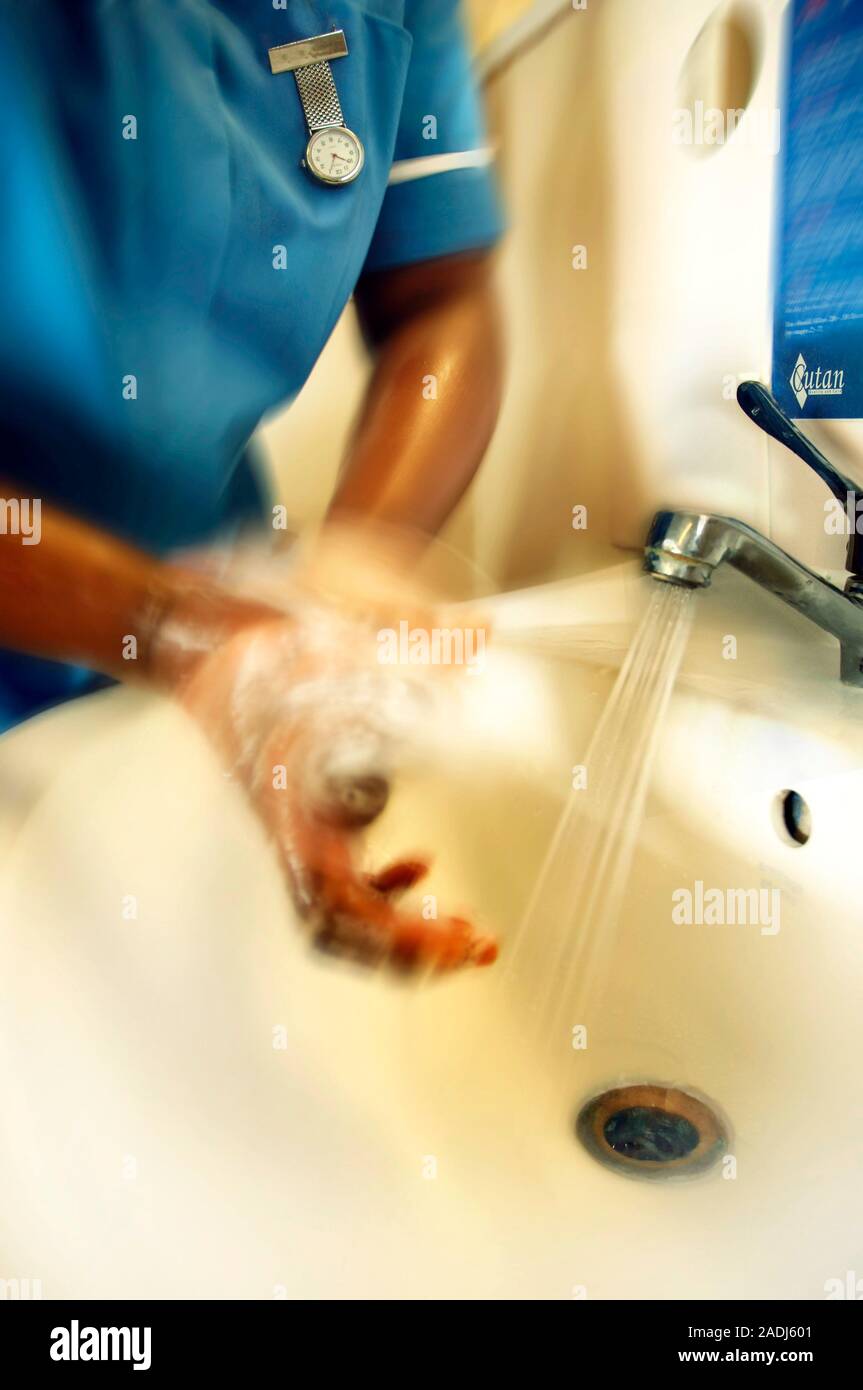 Hospital hygiene. Nurse washing her hands at a sink. Cleanliness in