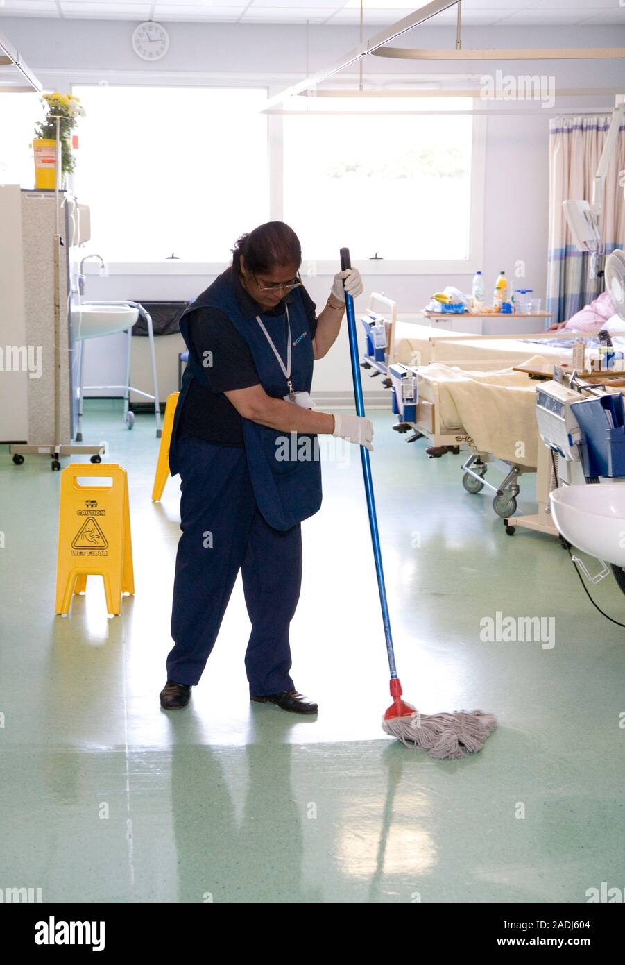 MODEL RELEASED. Hospital hygiene. Cleaner mopping a hospital ward floor