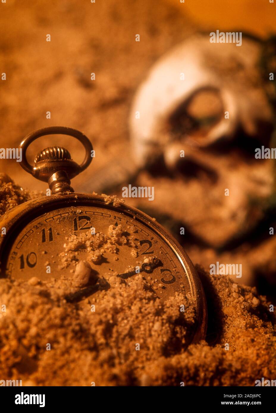 1970s TIME PASSAGE SYMBOLIC HALF BURIED HUMAN SKULL AND POCKET WATCH IN SAND  - ks8969 PHT001 HARS SYMBOLIC CONCEPTS OLD FASHIONED POCKET WATCH REPRESENTATION Stock Photo