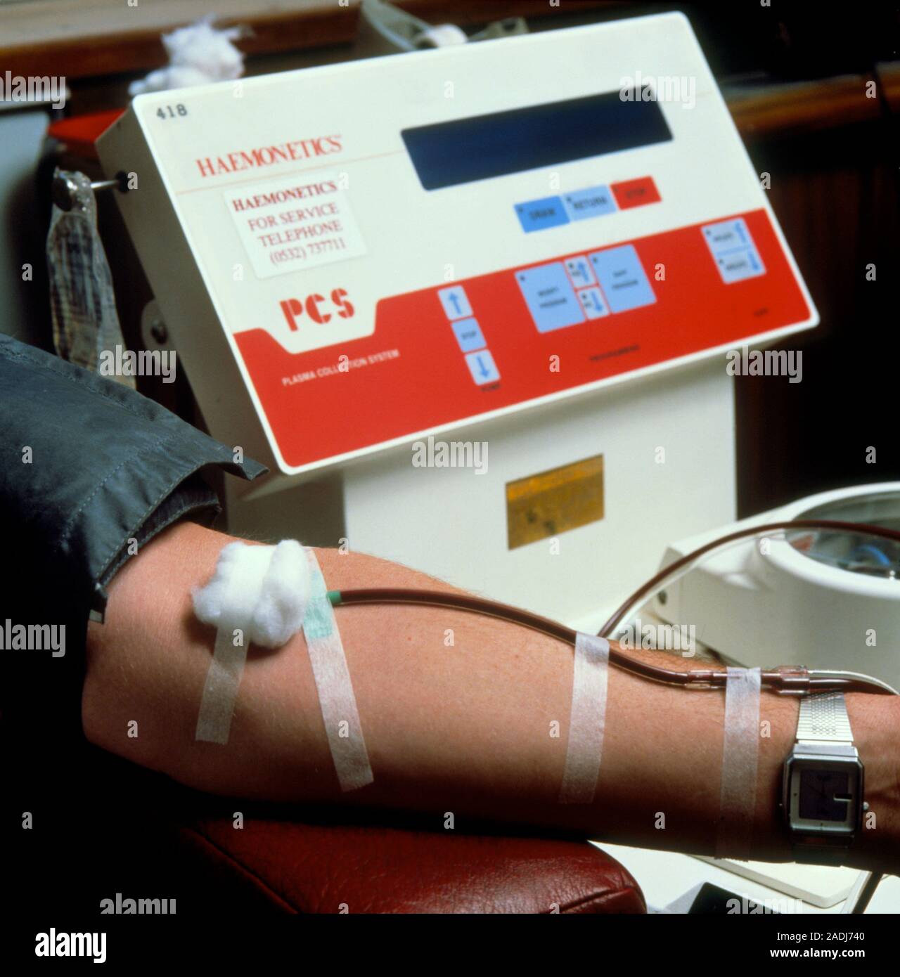 Haemotics Blood donor (Rh negative) at the North London Blood Transfusion Centre ...