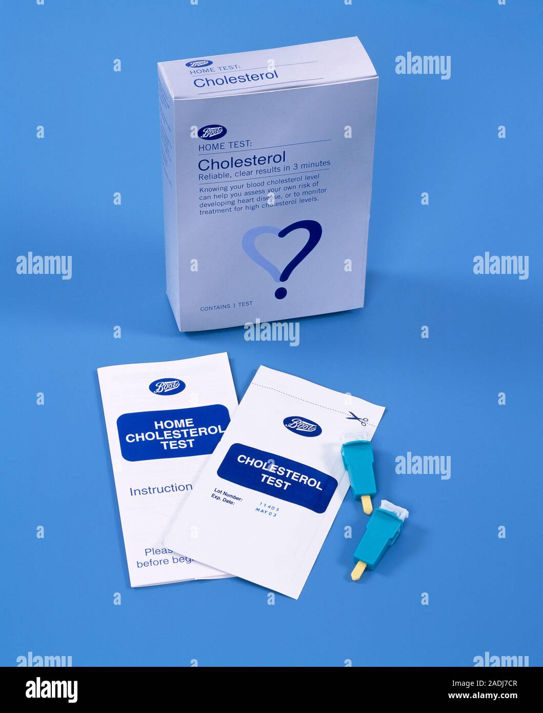 Cholesterol test kit for use at home. The kit tests a small sample of