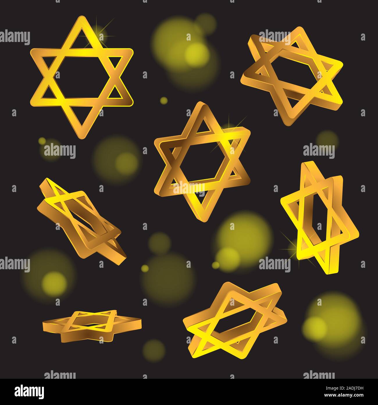 Golden six-pointed Jewish star of David 3D on isolated black background. Vector image. Design element. Stock Vector
