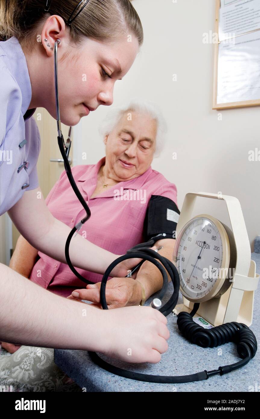 Measuring blood pressure. Elderly patient having her blood pressure