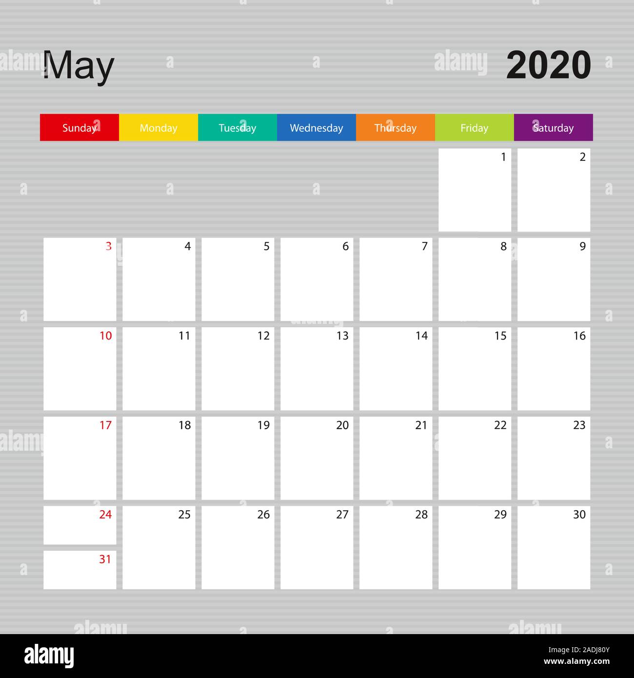 Salendar Page For May 2020 Wall Planner With Colorful Design Week Starts On Sunday Vector Calendar Template Stock Vector Image Art Alamy calendario paeg