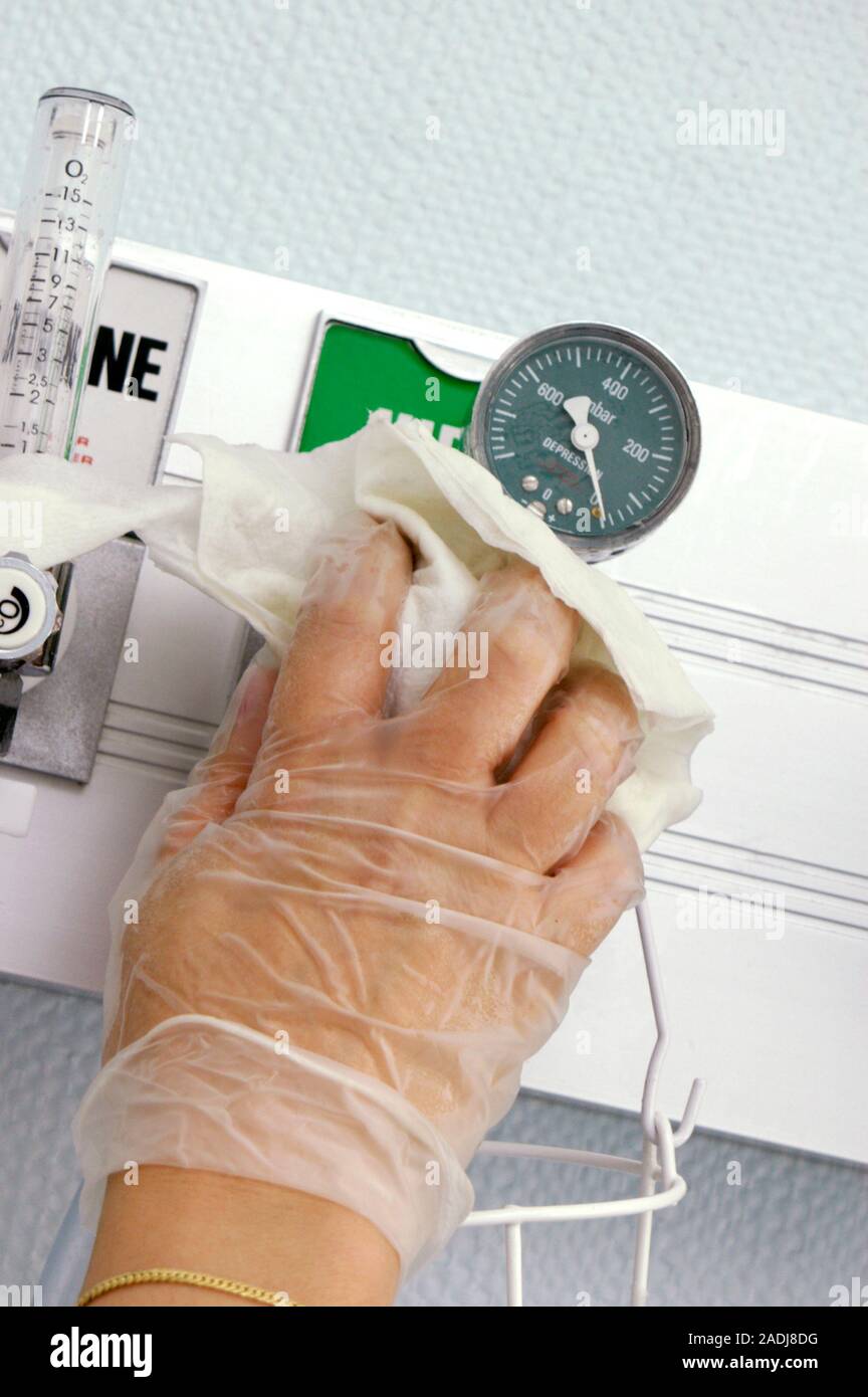 Cleaning hospital equipment. Hospital equipment being disinfected and