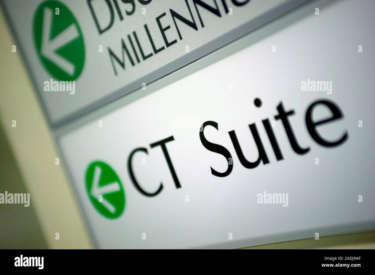 Hospital sign showing the way to the CT (computed tomography) suite. CT ...