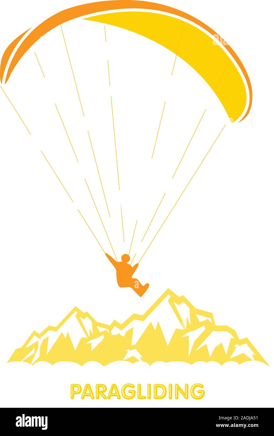 Paragliding logo with skydiver flying over mountains, parachutist over peak Stock Vector
