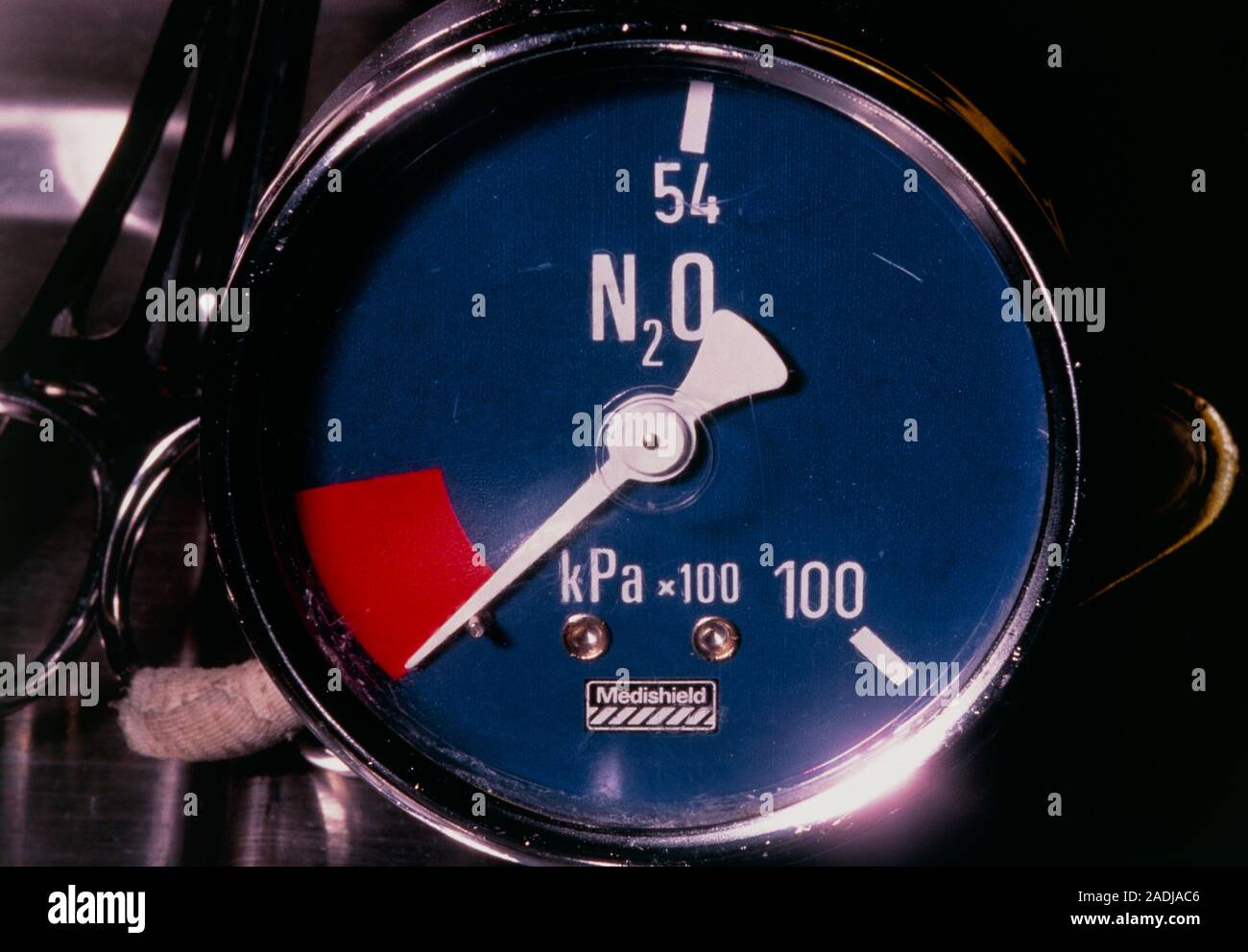 Pressure gauge on a cylinder of nitrous oxide in a hospital operating