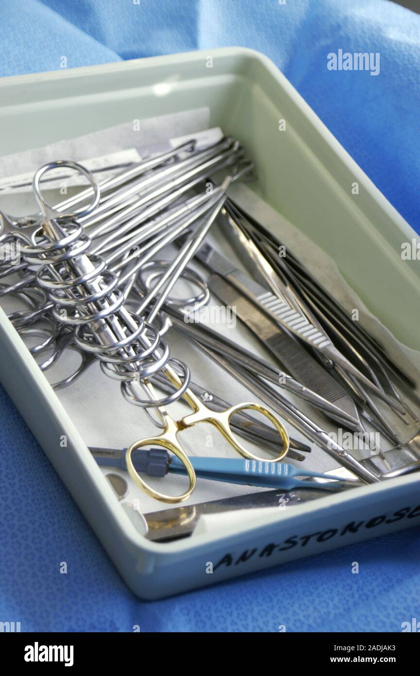 Sterilised equipment. Surgical and other medical equipment in a tray