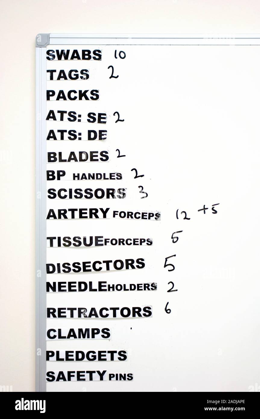 Surgical whiteboard with a list of the equipment being used in an