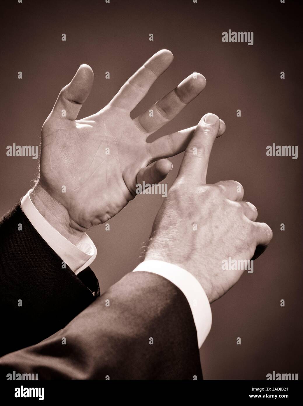 1960s MAN HANDS ONLY ENUMERATING VIEWPOINTS ONE BY ONE GESTURE OF INDEX FINGER TOUCHING EACH FINGER AS THEY ARE LISTED OR SPOKEN - s16463 HAR001 HARS MALES SYMBOLS CONFIDENCE EXECUTIVES GESTURING B&W INDEX STRATEGY NETWORKING OPPORTUNITY GESTURES OCCUPATIONS POLITICS BOSSES CONCEPT CONCEPTUAL LISTING POINTS ENUMERATING ENUMERATE OR SPOKEN SYMBOLIC ARGUMENTS CITE CONCEPTS IDEAS INDICATE MANAGERS SALESMEN BLACK AND WHITE CAUCASIAN ETHNICITY DEBATING HANDS ONLY HAR001 OLD FASHIONED REPRESENTATION Stock Photo