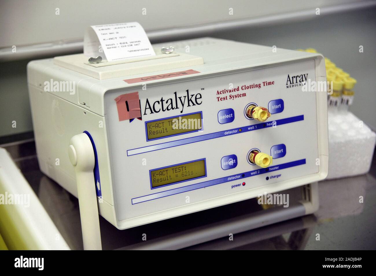 Blood clotting monitor being used during heart surgery. Anticlotting drugs (such as heparin