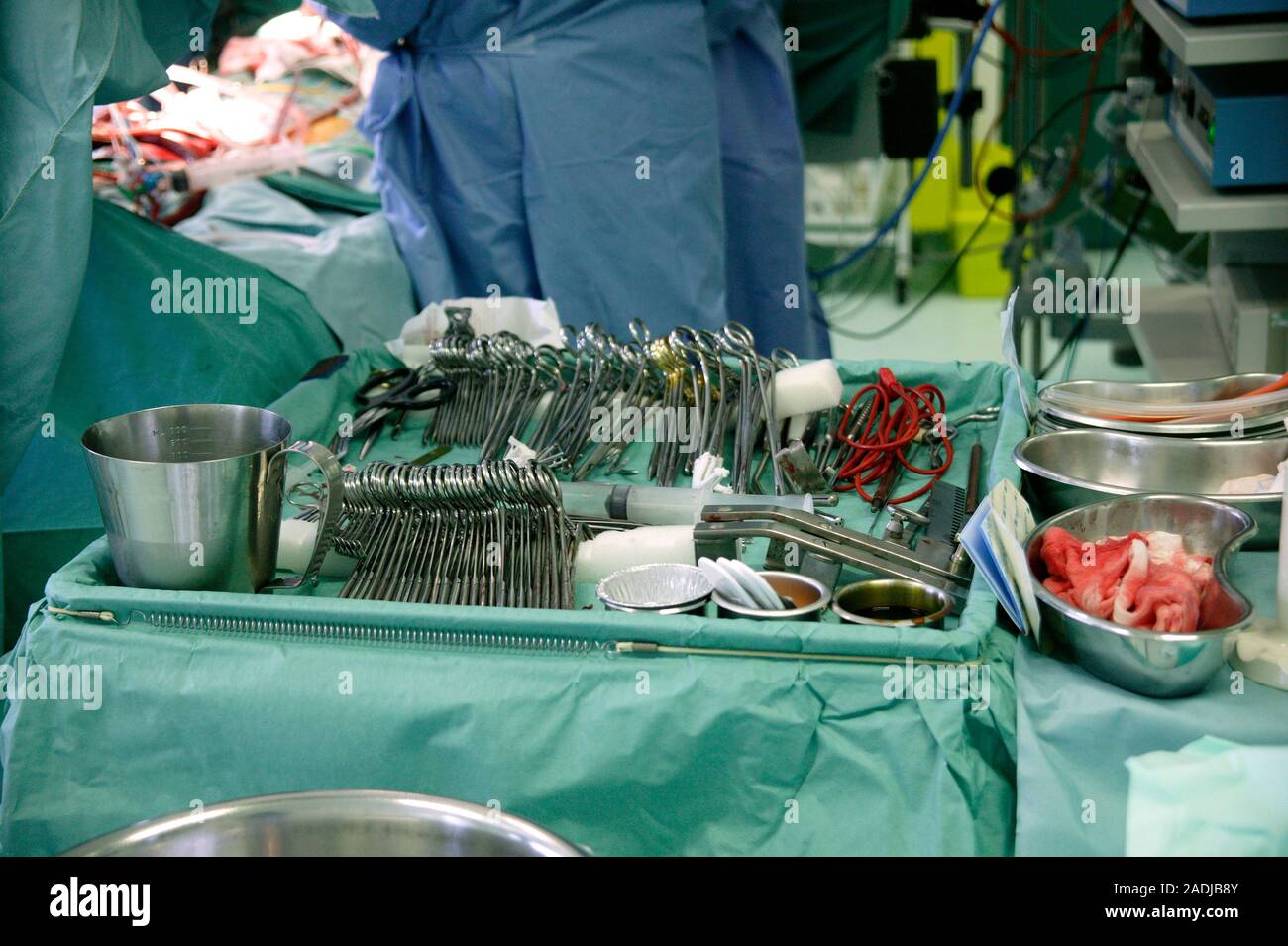 MODEL RELEASED. Heart surgery instruments. Tray of stainless steel