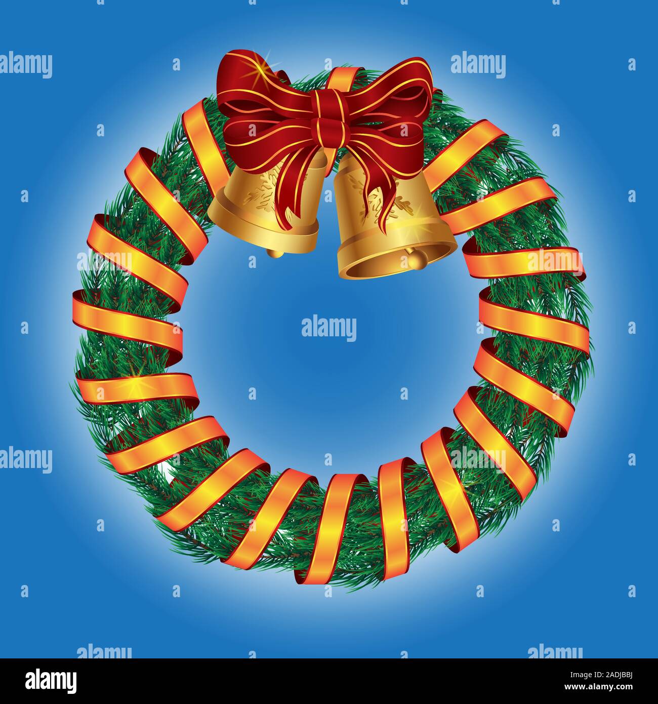 Christmas wreath of pine with bells and ribbon bow on isolated ...