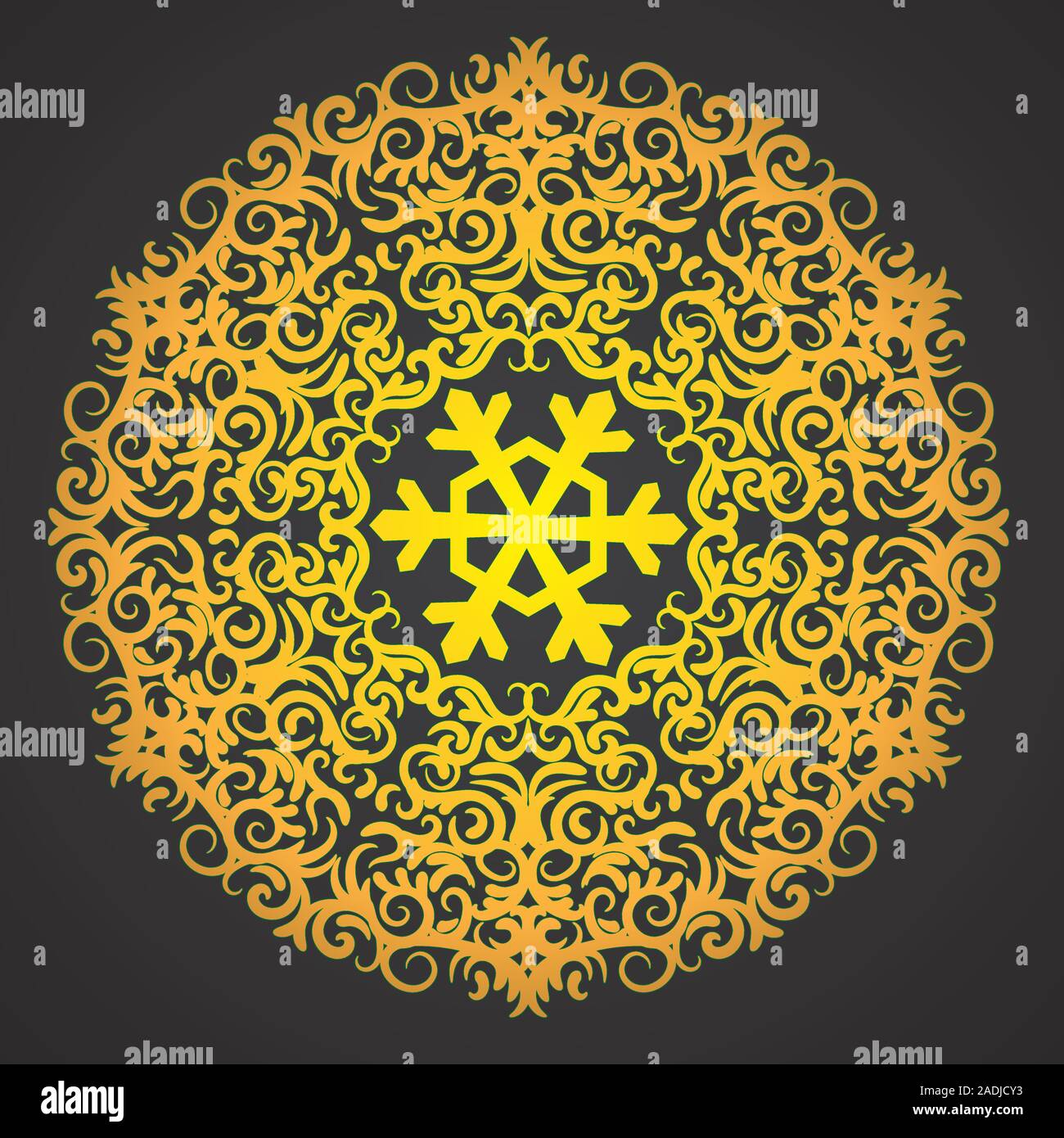 Christmas background with snowflake and Oriental mandala pattern on black isolated background. Vector image. Stock Vector