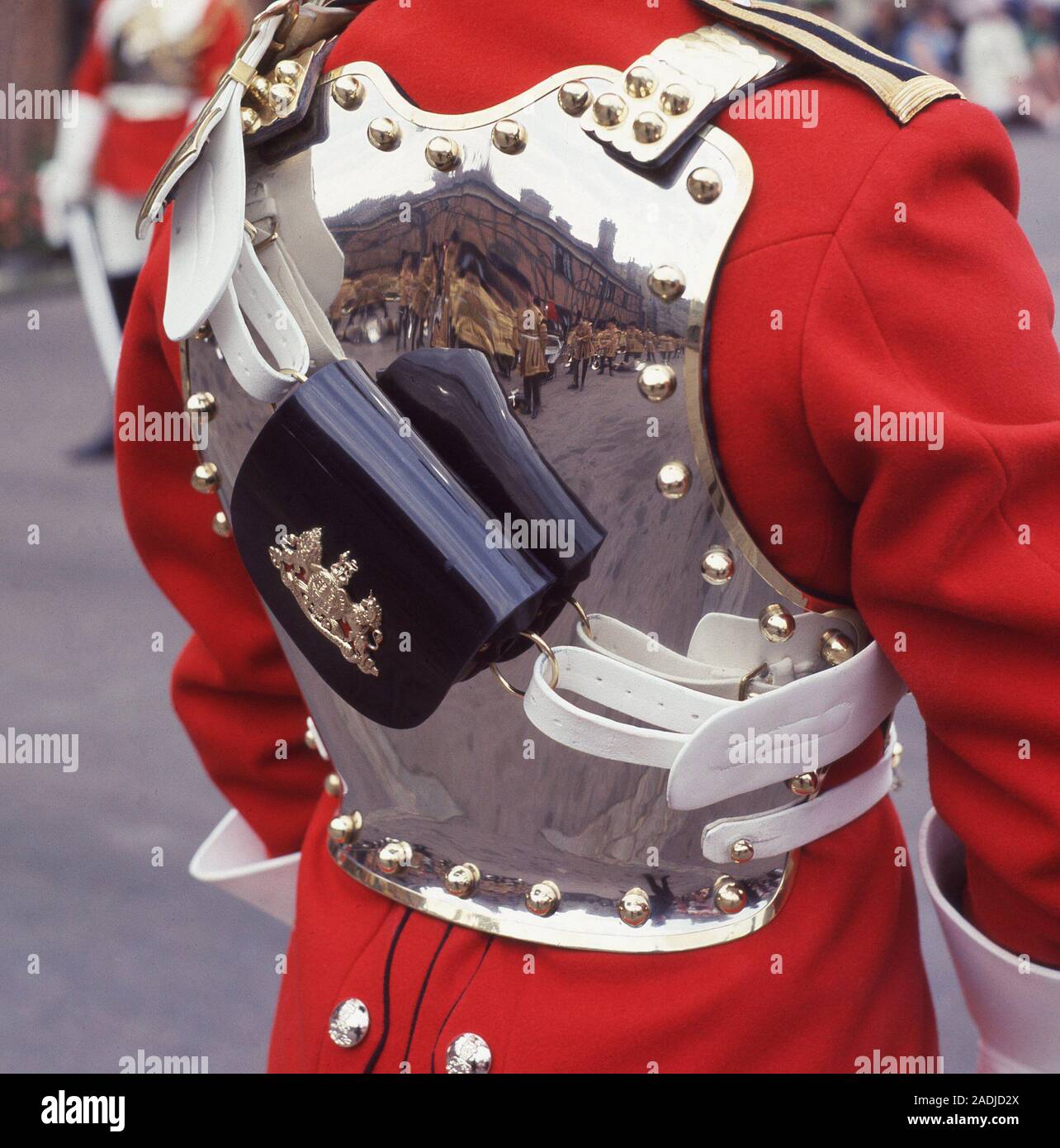 1960s, Noble Order of the Garter, close up of the metal shield of a Queen's Guard, Windsor, England, UK. Stock Photo