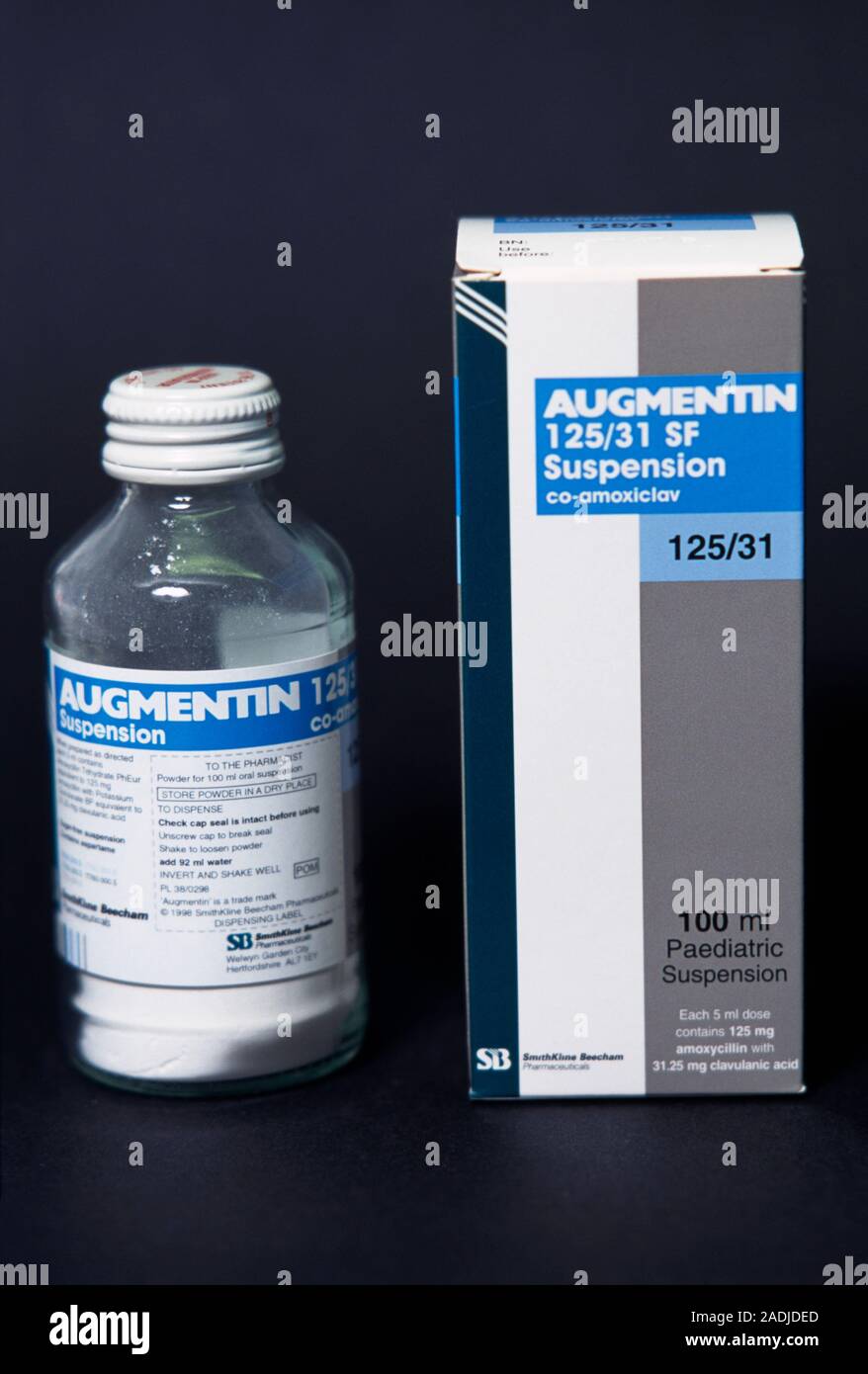 Antibiotic powder. Bottle of Augmentin antibiotic powder used for