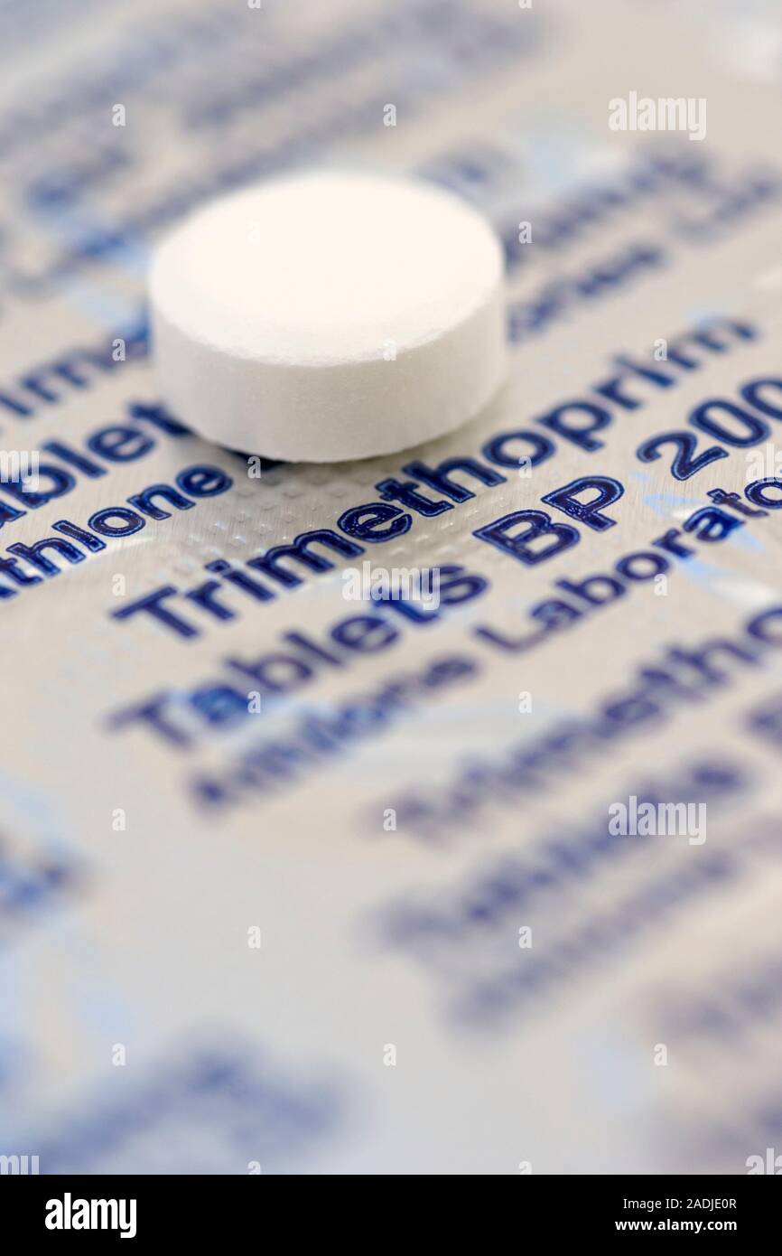 Trimeth Trimethoprim antibiotic pill on its blister pack. Trimethoprim is ...