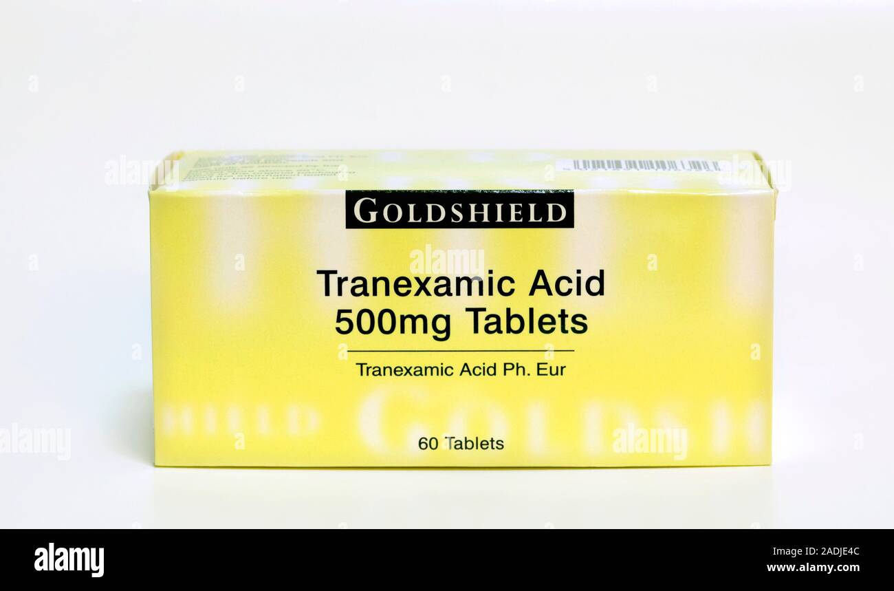 Tranexamic acid. Packaging for tranexamic acid, marketed as Cyclokapron ...