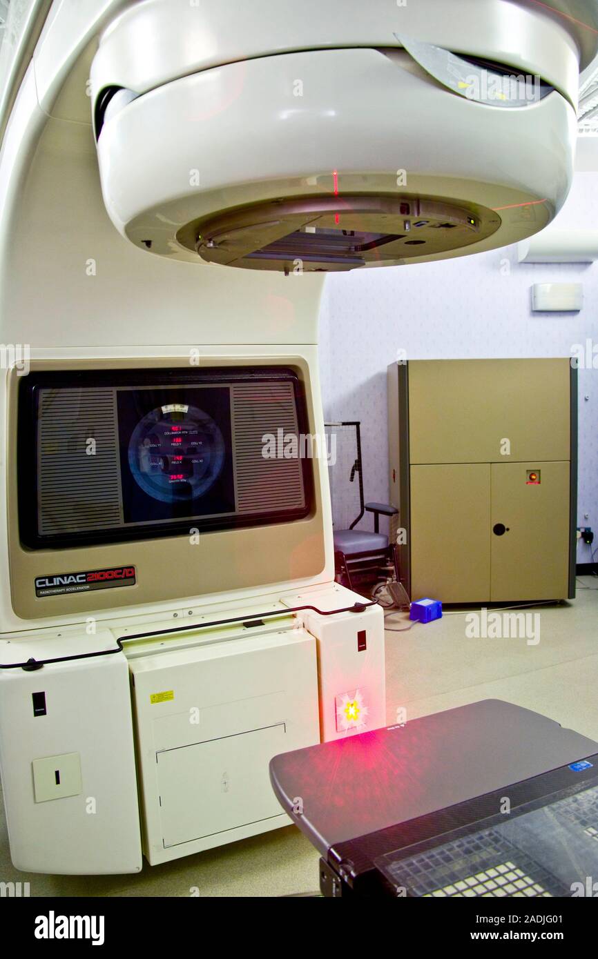 Radiation therapy machine, with guide beams switched on. This machine