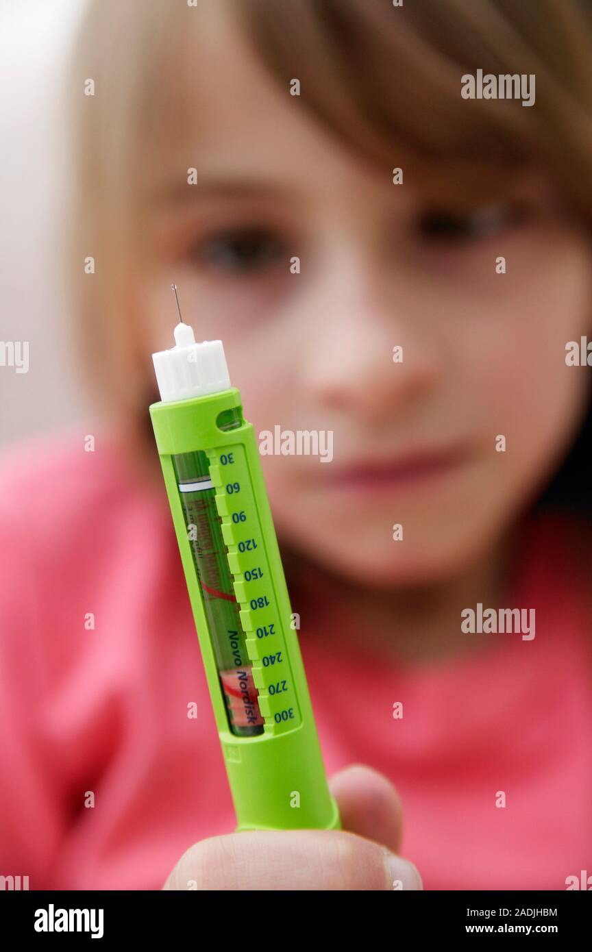 Insulin injector. Diabetic girl preparing to inject herself with