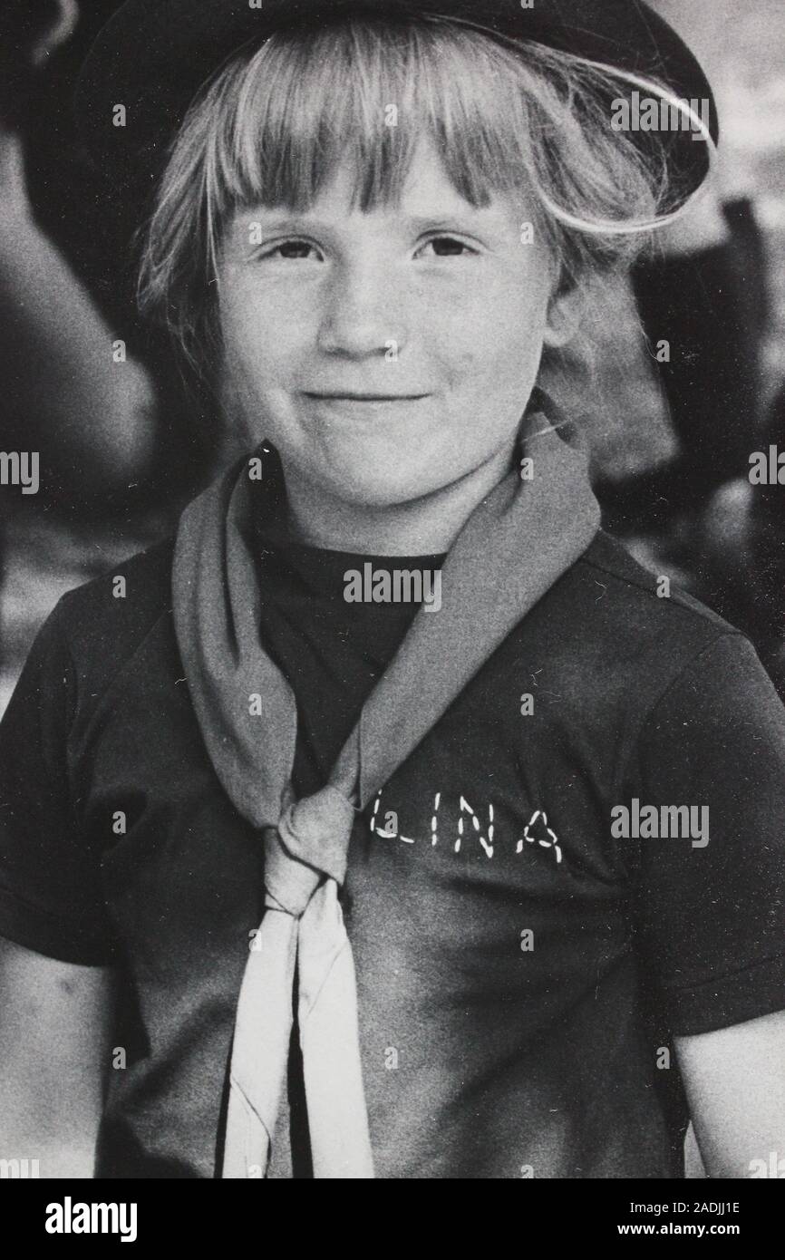 Fine black and white vintage photography from the 1970s of a happy young girl Stock Photo